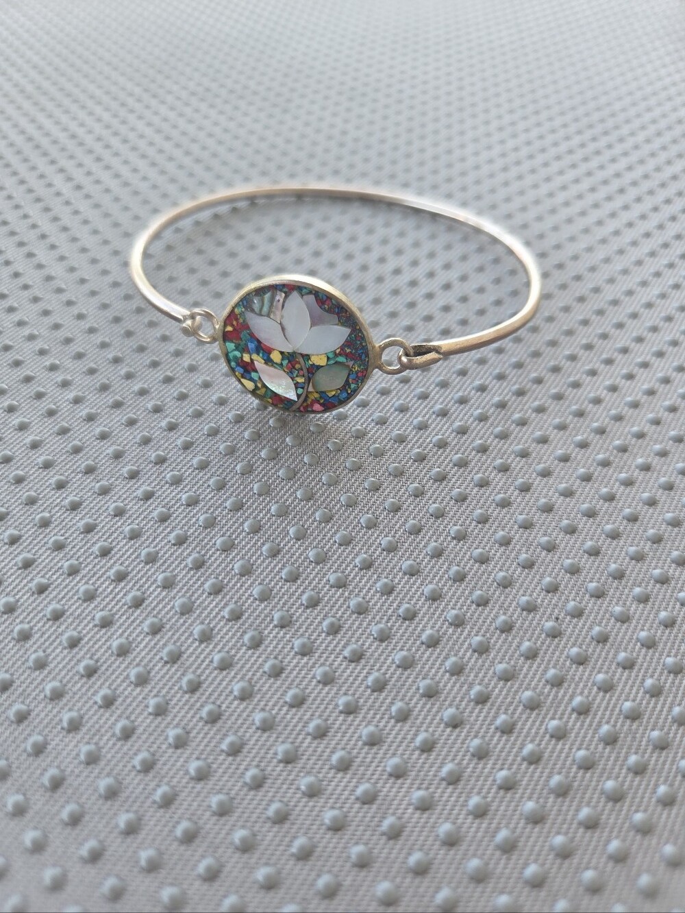 Silver Lotus Mosaic Inlay Bangle Bracelet - Multicolor